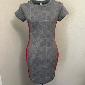 Gray Bodycon Mini Dress with Red Accents and Cap Sleeves